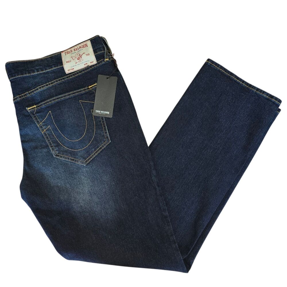 NEW True Religion Mens Ricky SN Relaxed Straight 5 Pocket Dark Wash Jeans 42x34